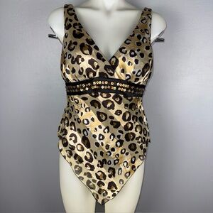 Cache Blouse Women’s 8 Brown Beige Assymetrical Silk Leopard And Sequins Print